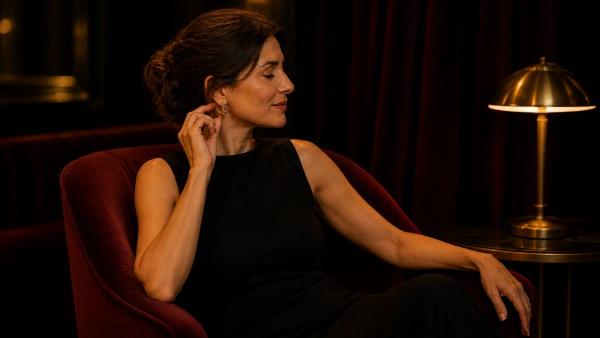 Relaxed adult woman seated in a velvet armchair after an intimate evening