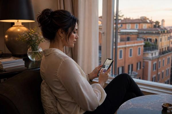 Woman checking her phone beside a window overlooking the rooftops of Rome
