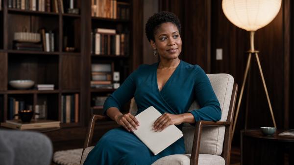 Mature woman in a teal dress seated in a reading room with a closed portfolio