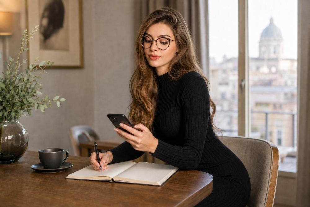 Woman compares consistent information before choosing a profile