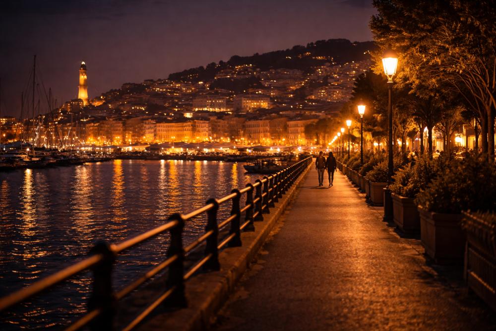 Evening seaside walk in Genoa with city lights and a calm atmosphere