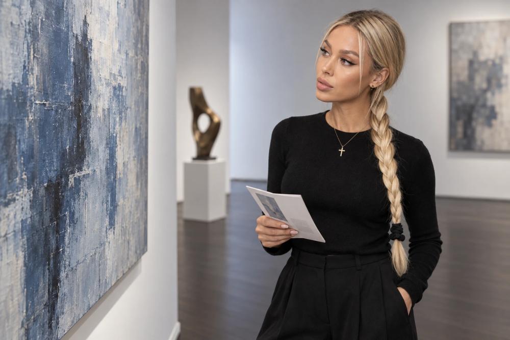 Woman with a blonde braid looking at an abstract painting in a gallery