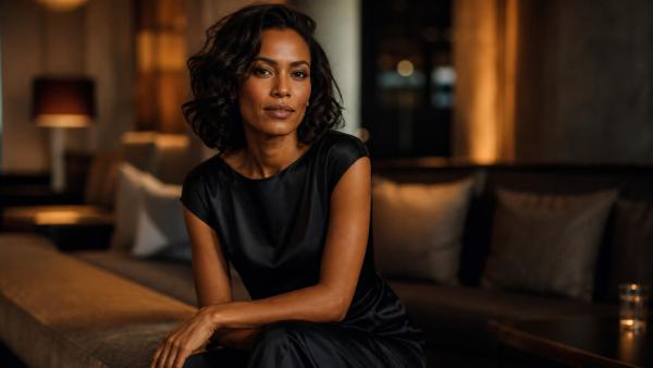 Confident adult woman in an elegant black dress in a warm evening lounge