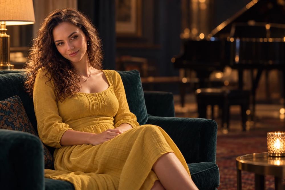 Woman in a yellow dress sitting in a lounge with a piano in the background