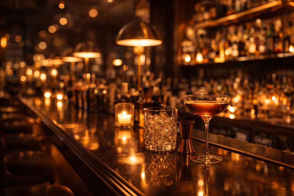Cocktail bar elegante con luci calde e atmosfera notturna premium