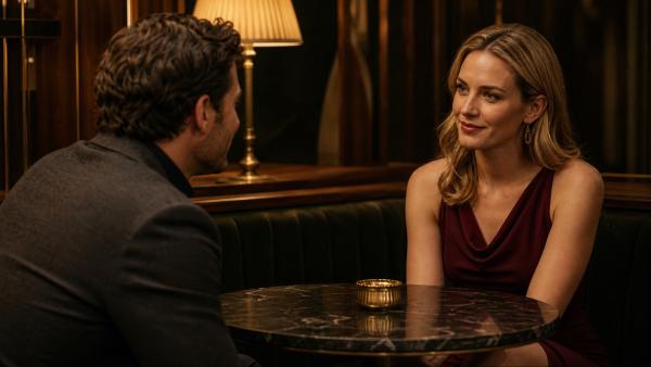 Woman and man exchanging an intense look during an elegant evening encounter