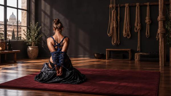 Una donna inginocchiata indossa una legatura shibari blu in uno studio romano