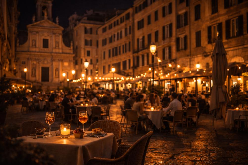Aperitivo serale in una piazza di Genova con luci soffuse e atmosfera vivace