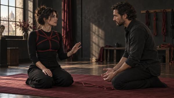 Una donna segnala una pausa mentre l’uomo attende con le mani lontane dalla corda