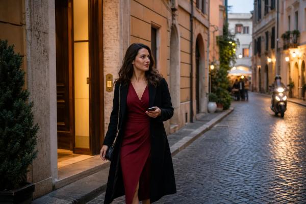 Woman in a red evening dress walking along a softly lit Rome street