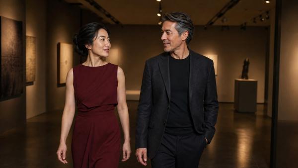 Mature woman in burgundy and a mature man talking as they walk through a contemporary gallery