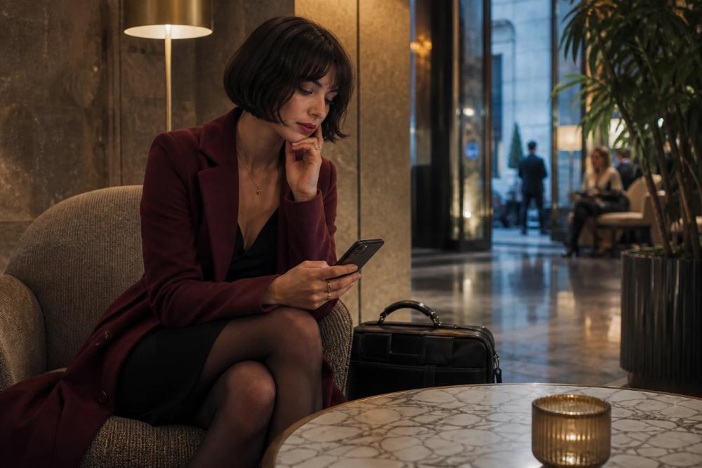 Donna prepara un primo messaggio chiaro nella hall di un hotel a Milano